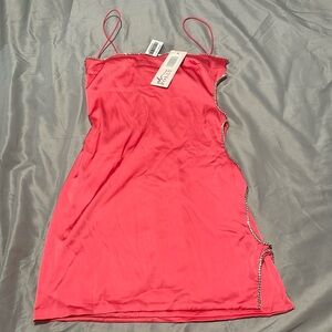 Oh Polly Coral Satin Mini Dress with Rhinestone embroidery side cut outs NWT
